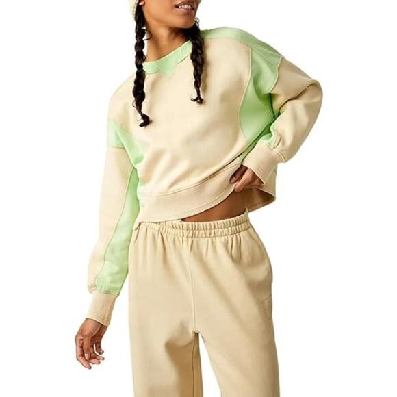 Free People Sweaters - Free People Intercept Colorblock in Sesame Limezest Oversize Sweater Sz XS